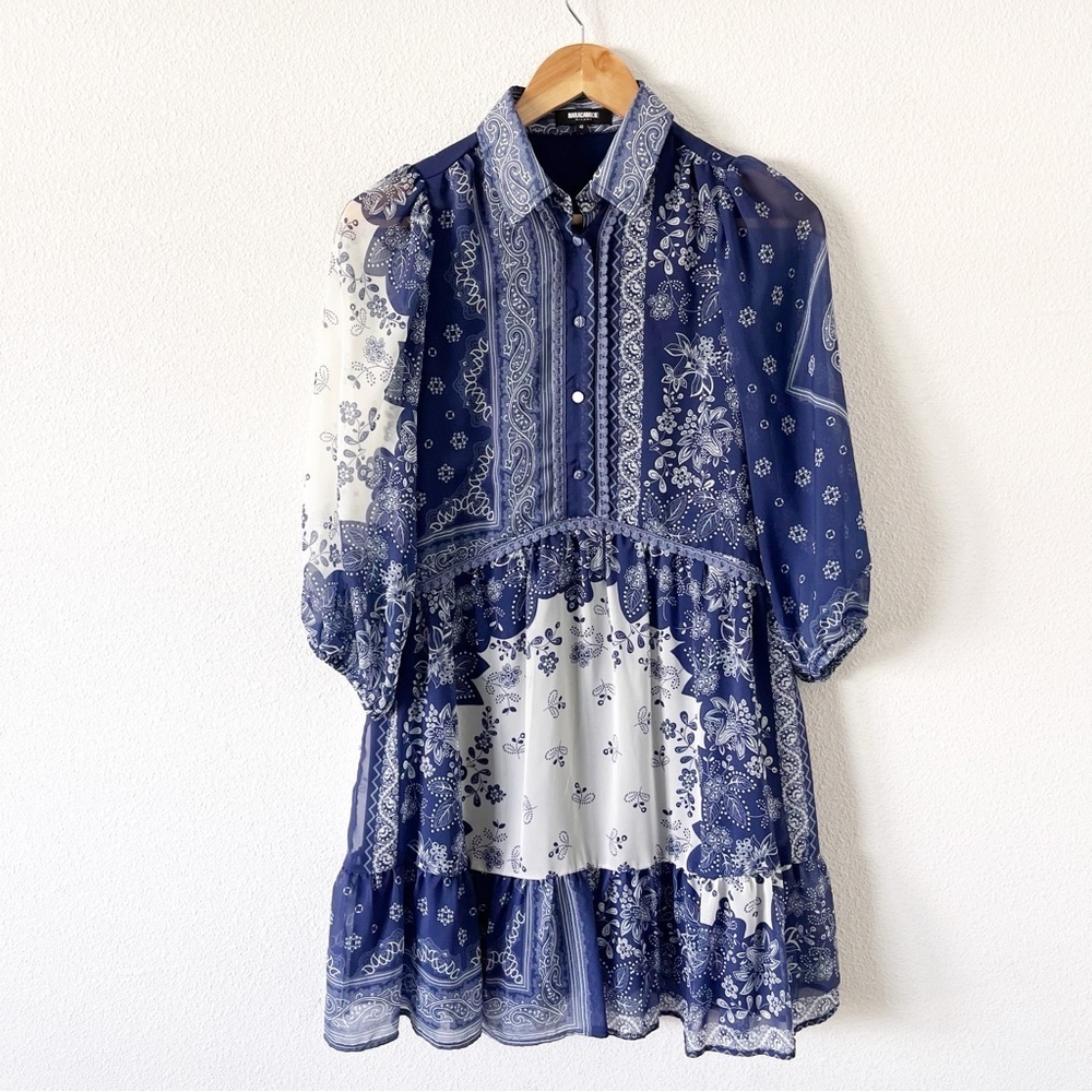 Naracamicie Blue Floral Long Sleeve Boho Ruffle Flowy Mini Dress - Picture 2 of 10
